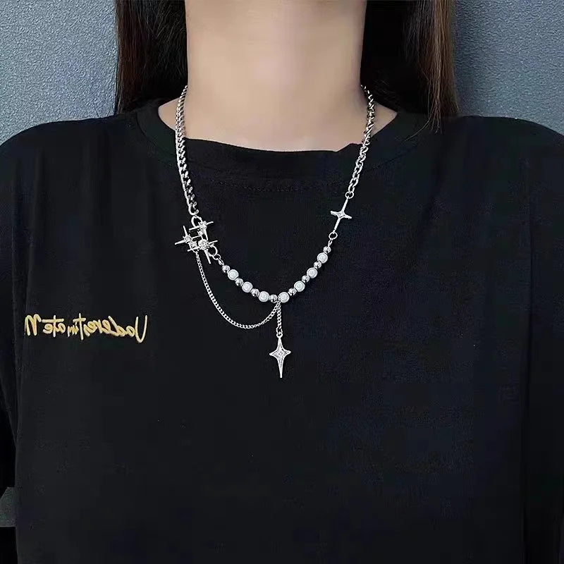 トレンドクロスネックレス メンズ レディース Kpop ダブルレイヤー スプライスビーズ ステンレススチールチェーンペンダント トレンドネックジュエリー チョーカー