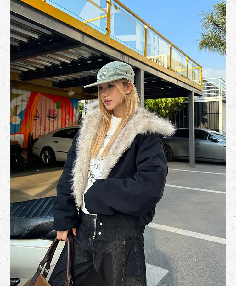 アメリカンレトロファーカラーフード付きジャケット レディース Y2K ストリートウェア 冬物 新作 ベルベット 厚手 暖かい 原宿系 ゆったり カジュアル ジャケット