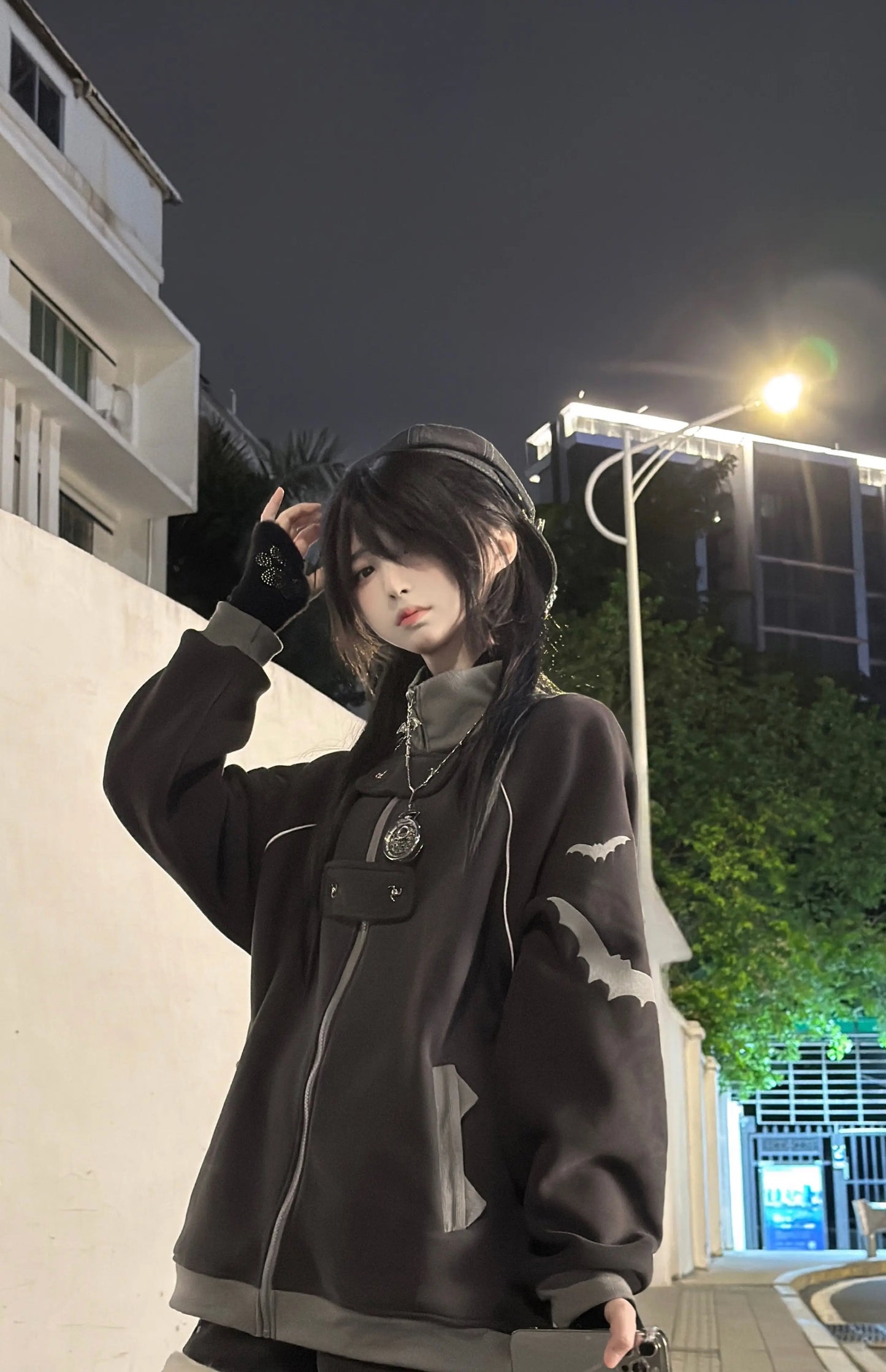 ファッションベルベットスタンドカラーサブカルチャー猫耳フード付きスウェットシャツジャケットオリジナルゴシック長袖ゆったり暖かいエレガントコート