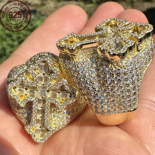 メンズ バゲット ゴールドメッキ 925 スターリングシルバー ゴシック クロスリング フルジルコン象嵌 高級 ヒップホップリング レトロジュエリー