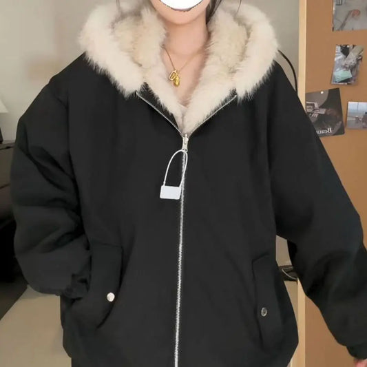 2025年冬新作 厚手 プラッシュ レトロ ルーズステッチ フード付き プラッシュ ウォームジャケット 両面着用 原宿系 カジュアルジャケット レディースコート