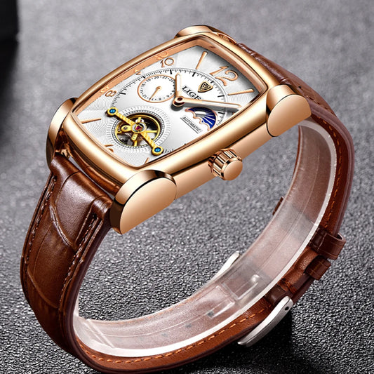 LIGE Fashion Mens Watches Top Brand Luxury Leather Military Waterproof Mechanical Wristwatch Casual Sports Tourbillon Watch Men