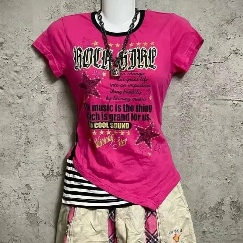 2000年代ヴィンテージY2Kクロップトップレディース半袖スリムプリントTシャツサブカルチャー原宿系ファッション韓国パンクゴシックTシャツアウターウェア
