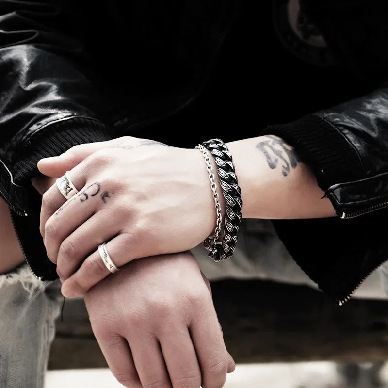 アンティークシルバー彫刻ブレスレット メンズ パンク ヒップホップ ロック パーティー ジュエリー メタルリンクブレスレット ギフト