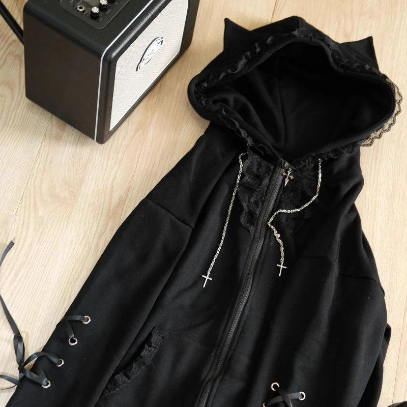 ゴシックサブカルチャーブラックレースルーズパーカーレディース秋美的愛らしい長袖フード付きコートカジュアル暖かい冬オーバーコート