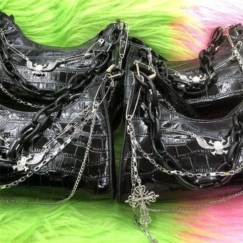 クロコダイル柄ハンドバッグ Y2K クロススカル ショルダーバッグ ホットガールチェーン サマーサブカルチャー ダークパンク アンダーアームバッグ