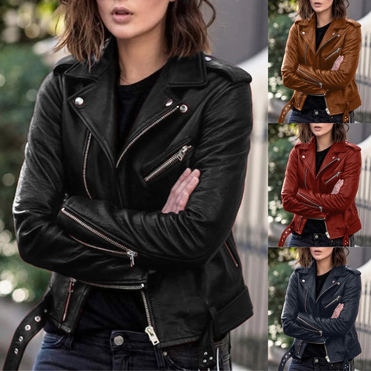 Women Plus Size Faux Leather Jacket Vintage Long Sleeve Zipper Fitted Artificial Leather Coats Outwears Fall Clothes For Women