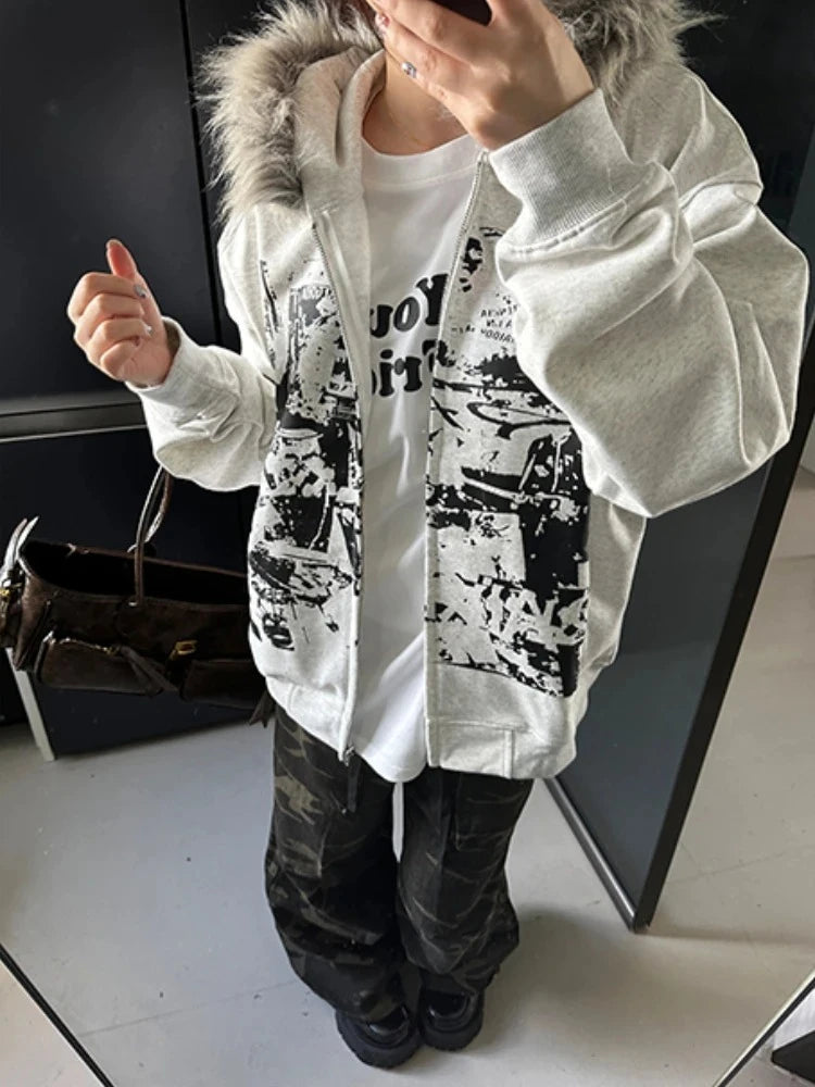 サブカルチャーゴシックコート、フード付き原宿プリントジャケット、2000年代アメリカンヴィンテージフェイクファースウェットシャツ、レディースカジュアルY2Kシック