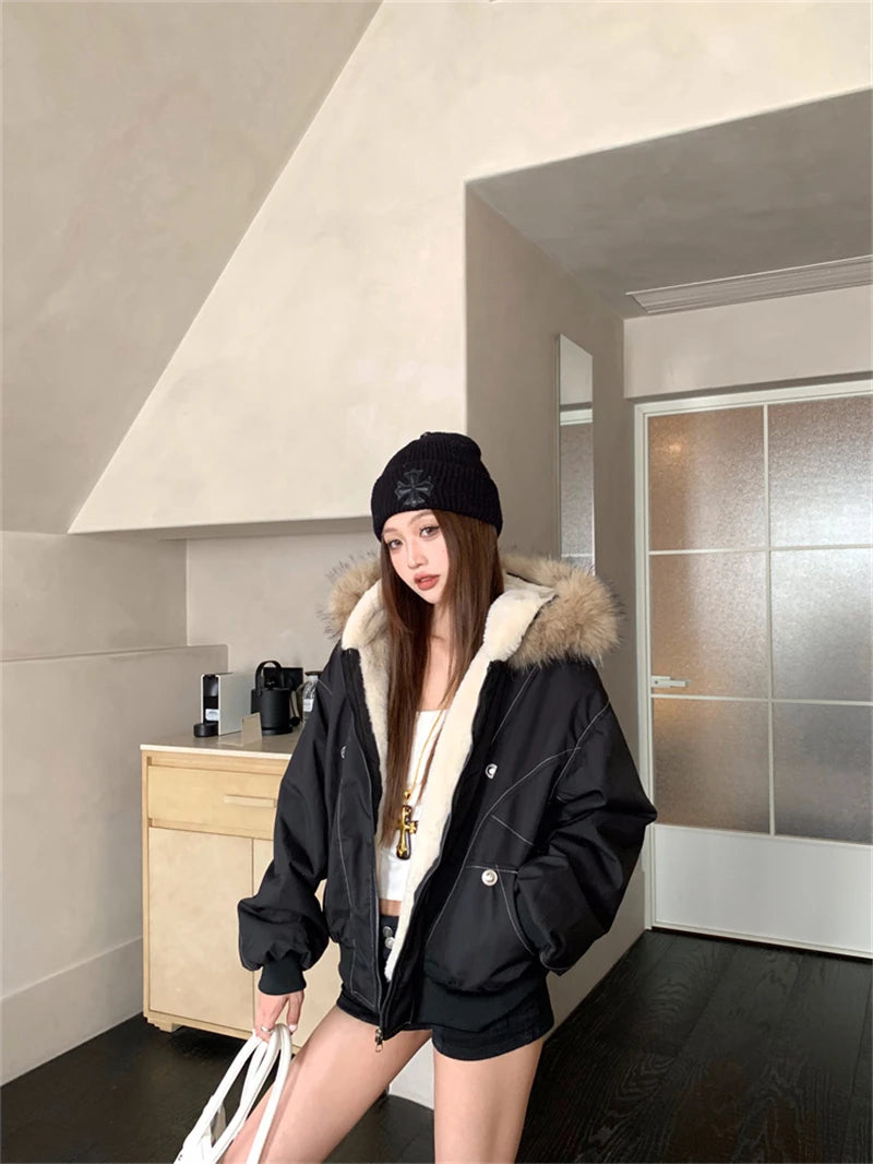 ZAROY レディース&amp;メンズ 冬用ジャケット Y2K ストリートウェア ファーカラー フード付き カジュアル ルーズコート 暖かい 原宿系 パーカー ゴシック パーカー куртк