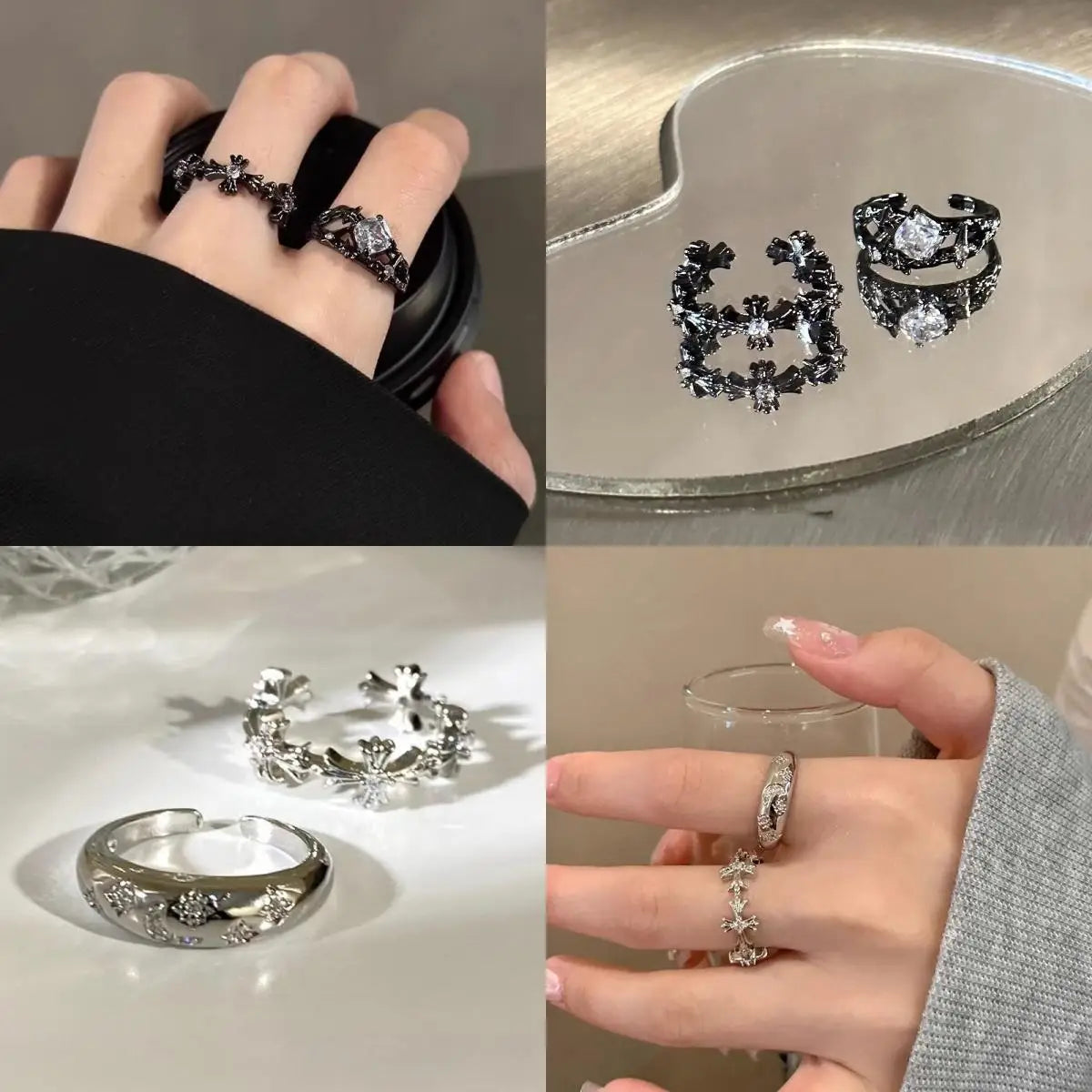 WANZHI 1/2PCS ゴシック ブラック クロス オープンリング レディース メンズ 絶妙なインビュー ダイヤモンドリング ファッション ジュエリー アクセサリー ギフト