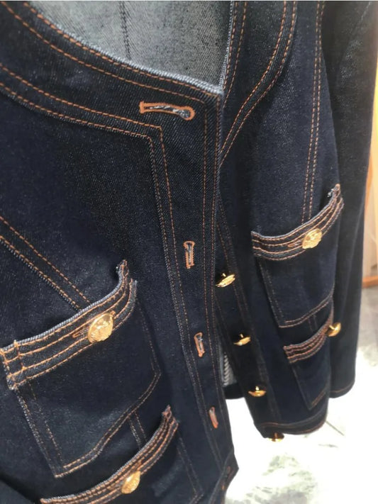 2024 Autumn Women's Winter Old Money Style Casual Blue Elegant Denim Jacket Fashion Luxury Style Single Breatsed Loose Coat