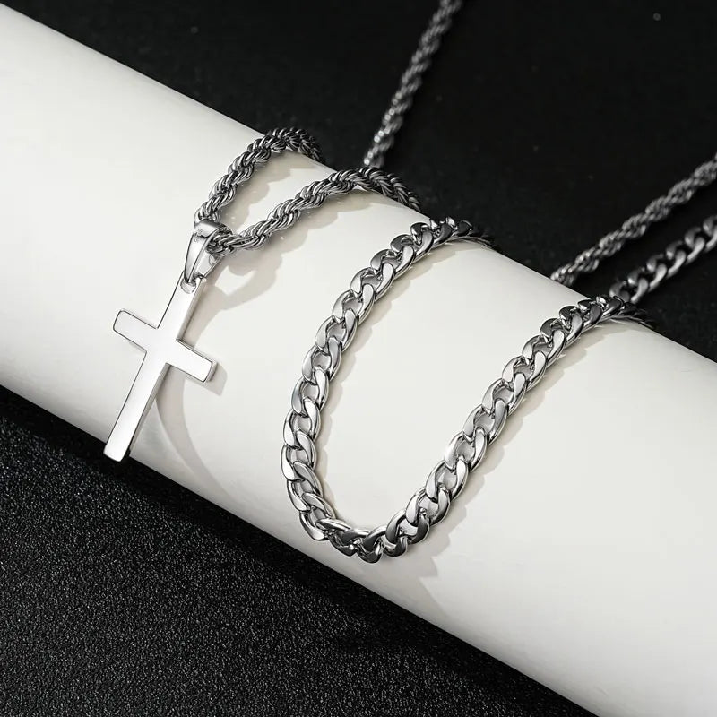 RAPRGOLD 925スターリングシルバークロスペンダントネックレス男女兼用ダブルレイヤーキューバロープチェーンファインジュエリーギフト