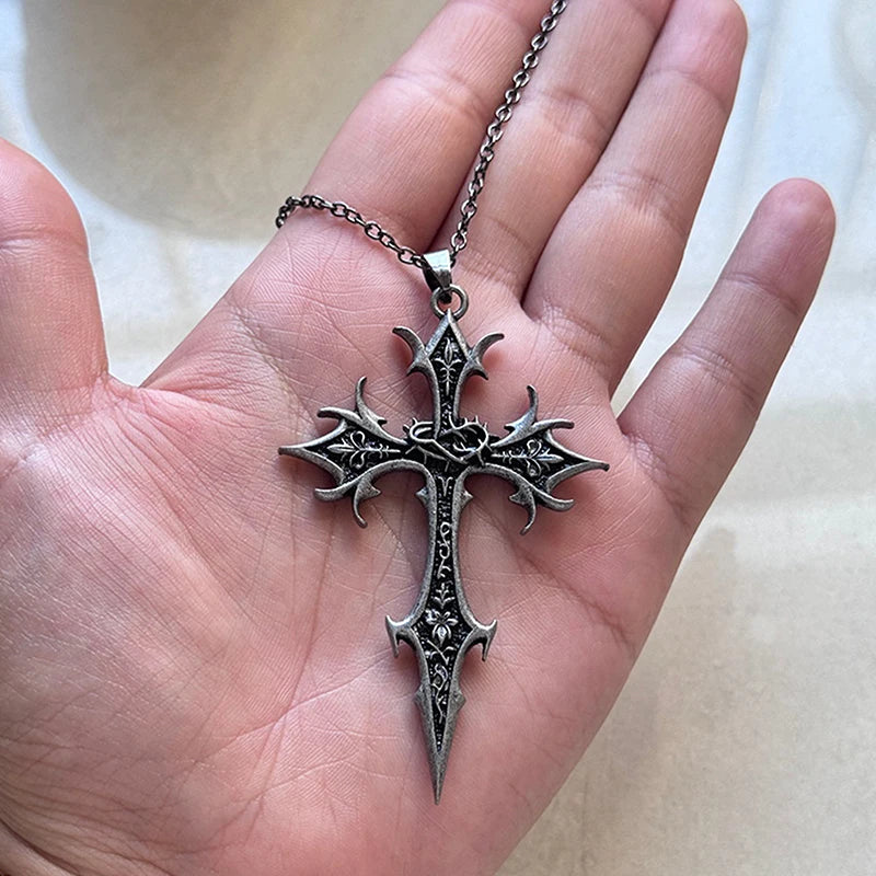 Silver Crucifix Cross Pendant, Gothic Vintage Necklace, Ideal Christmas Gifts for Women and Men