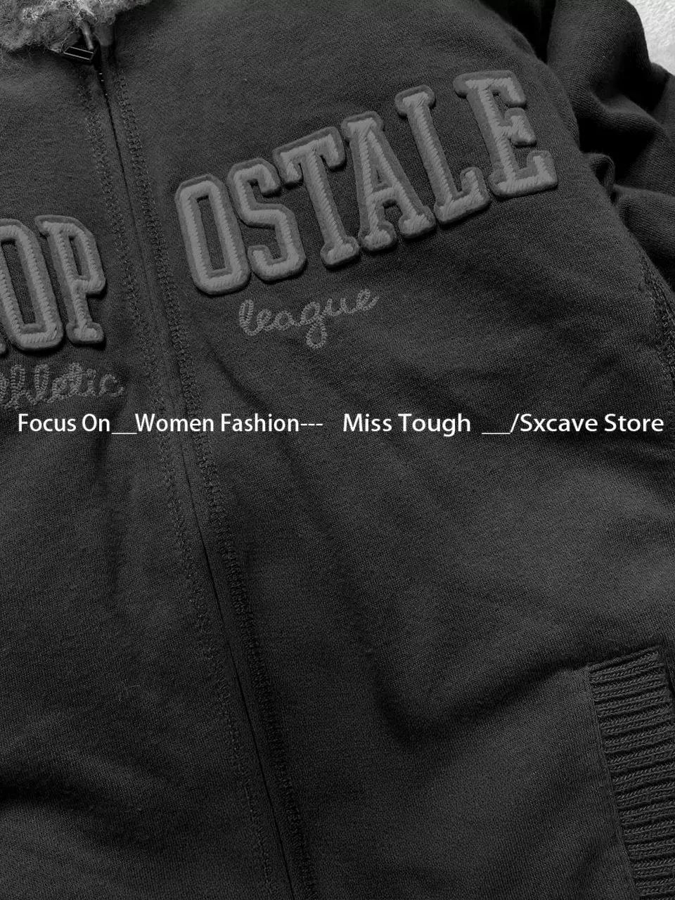 サブカルチャーフェイクコート レディース グラフィックジャケット フード付きフリースファーフーディー エッジの効いたアメリカンレトロストリートスタイルとY2Kファッショントップス