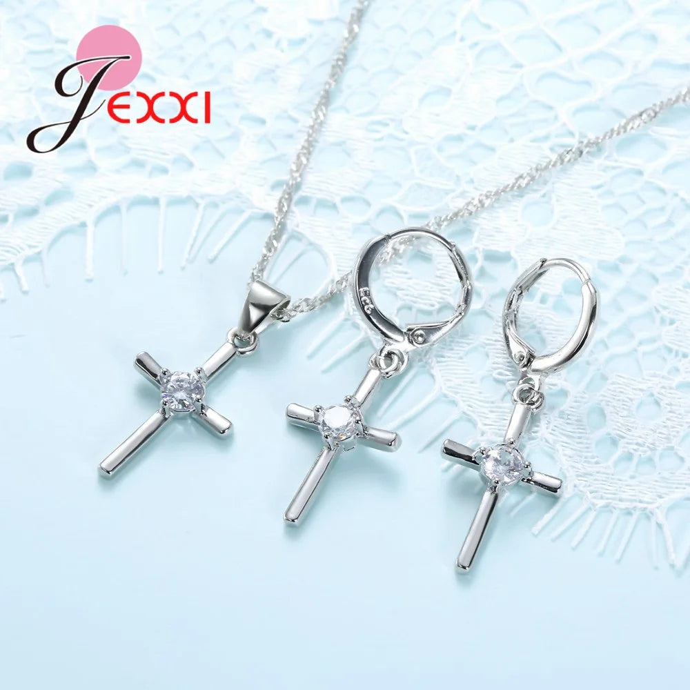 925 Sterling Silver Chain Cross Pendant Necklace Earrings Set Women Girl Bridal Wedding Accessories Female Bijoux Sets