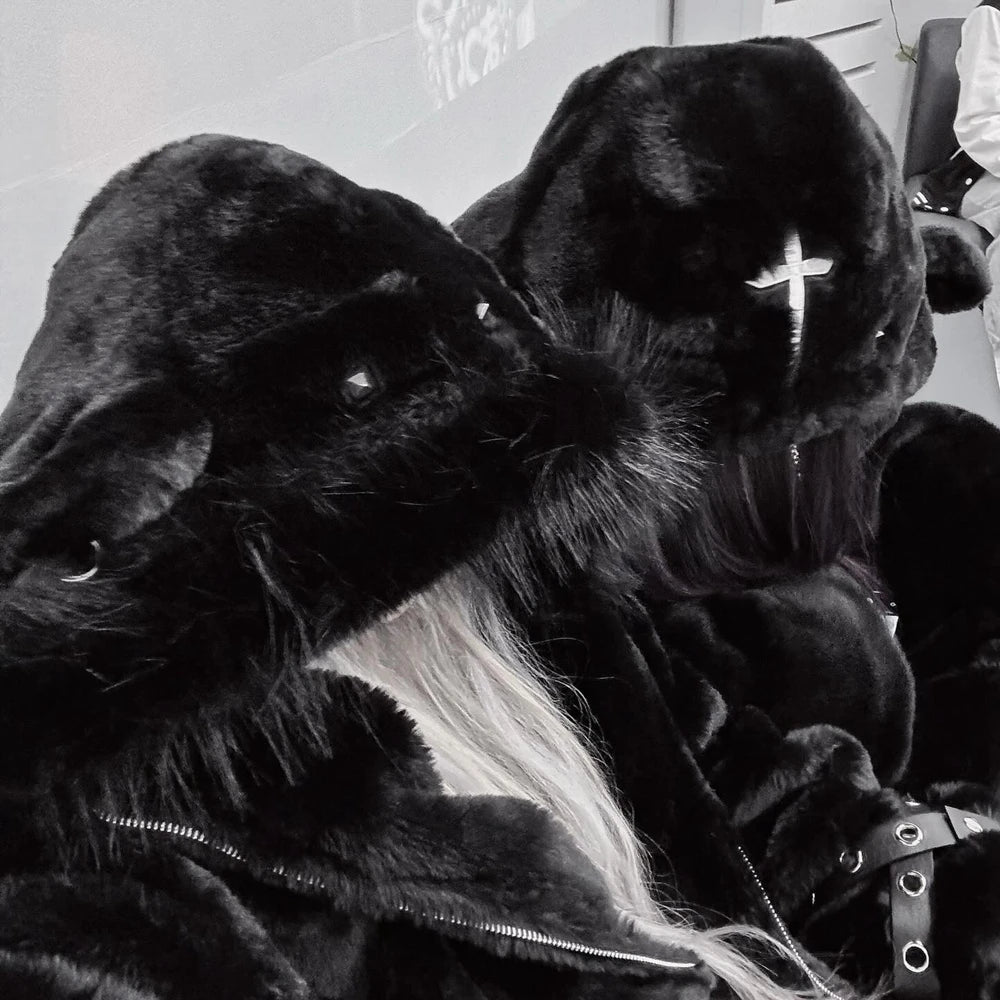 日本製マインシリーズ リベットクロス シープイヤー フード付きジャケット 冬物 新作 ゴスパンク ダークガールズ イミテーションファー プラッシュコート レディース