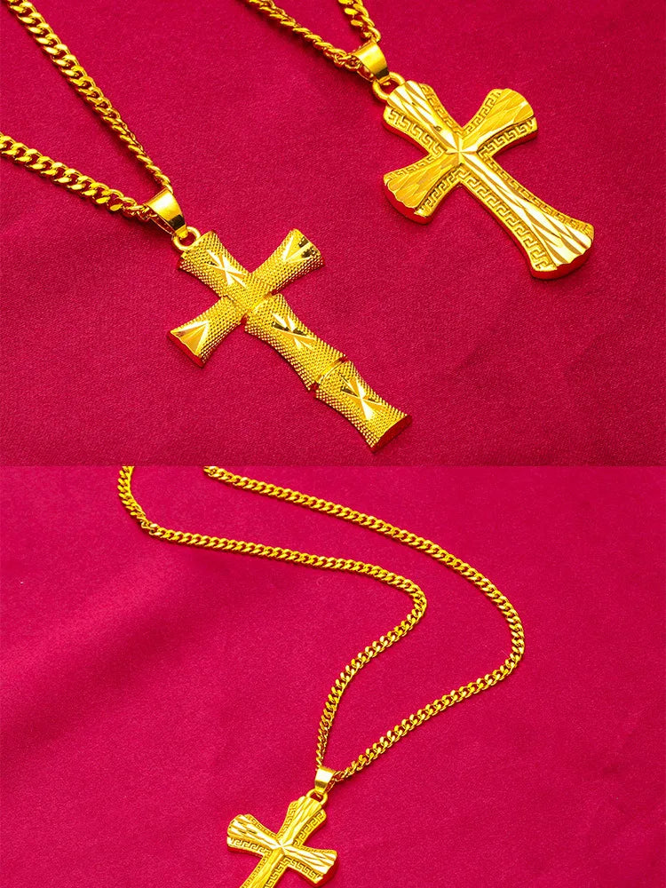 Men's 24K Gold (AU999) Overbearing Cross Necklace | Openwork cross chain, micro-diamond glow with magnetic closure