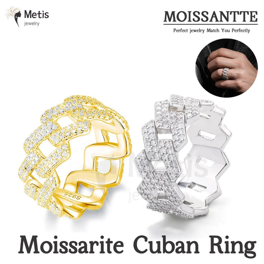 Gra Certified Full Moissanite Diamond Cuban Rings for Men Women 100% 925 Sterling Silver Hip Hop Double Row Eternity Band Ring