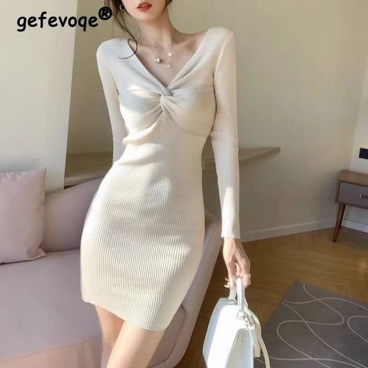 Women Sexy V Neck Bodycon Ribbed Knitted Elegant Party Dresses Spring Autumn Fashion Y2K Solid Long Sleeve Club Basic Mini Dress