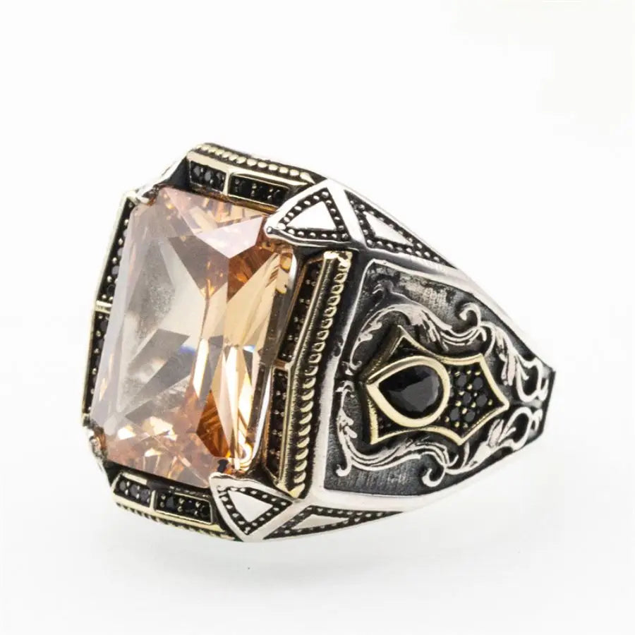 オリジナル925スターリングシルバーの圧倒的なトルコ風デザインメンズリング、ブラックキュービックジルコニアストーン付き