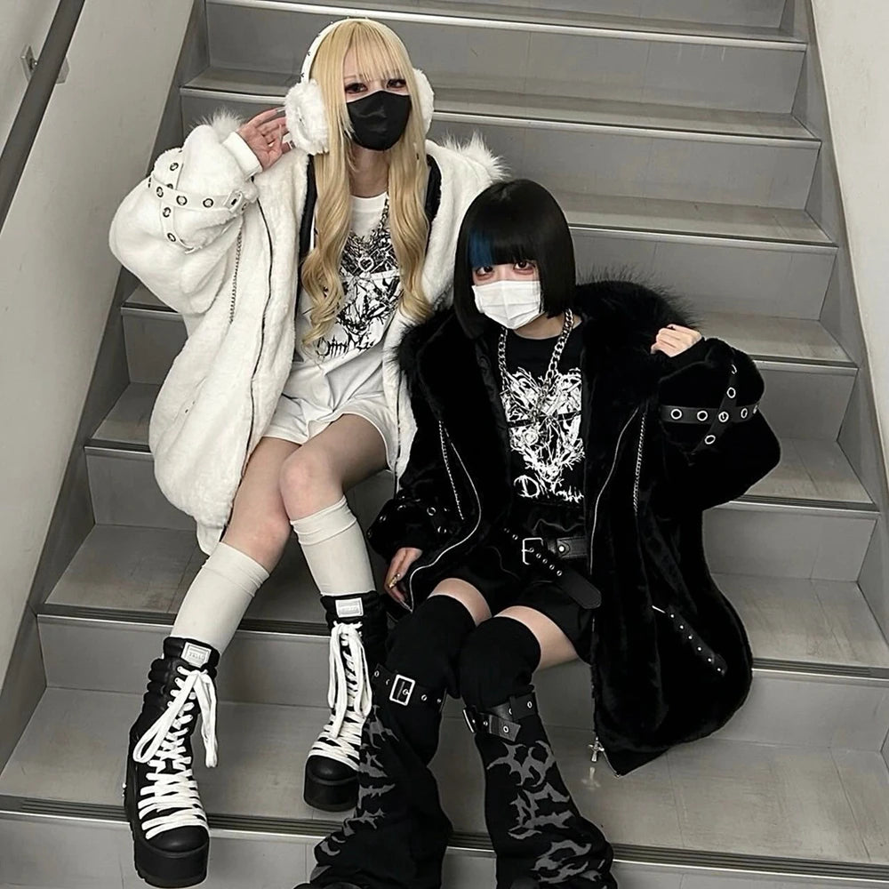 日本製マインシリーズ リベットクロス シープイヤー フード付きジャケット 冬物 新作 ゴスパンク ダークガールズ イミテーションファー プラッシュコート レディース