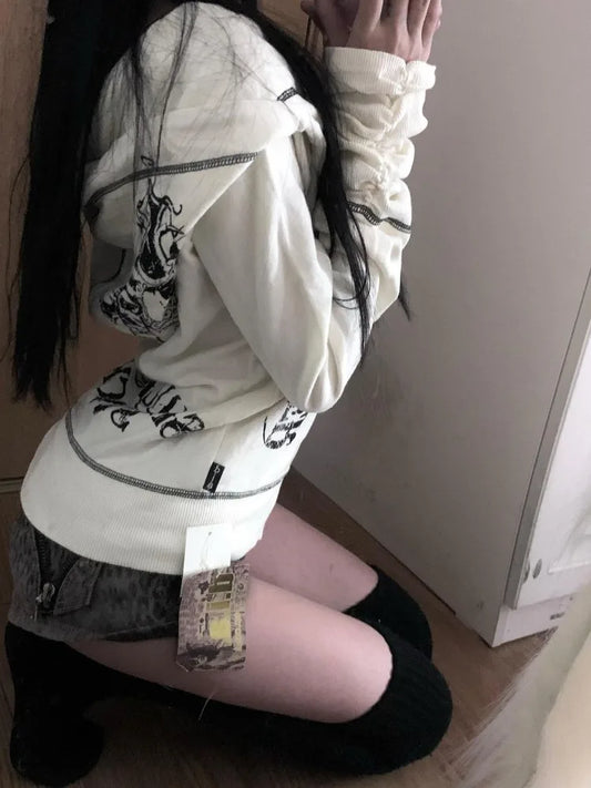 秋 Y2K 原宿ゴシック フード付きコート レディース ヴィンテージ グランジ 長袖 ジャケット 日本のサブカルチャー ファッション スウェットシャツ 新作