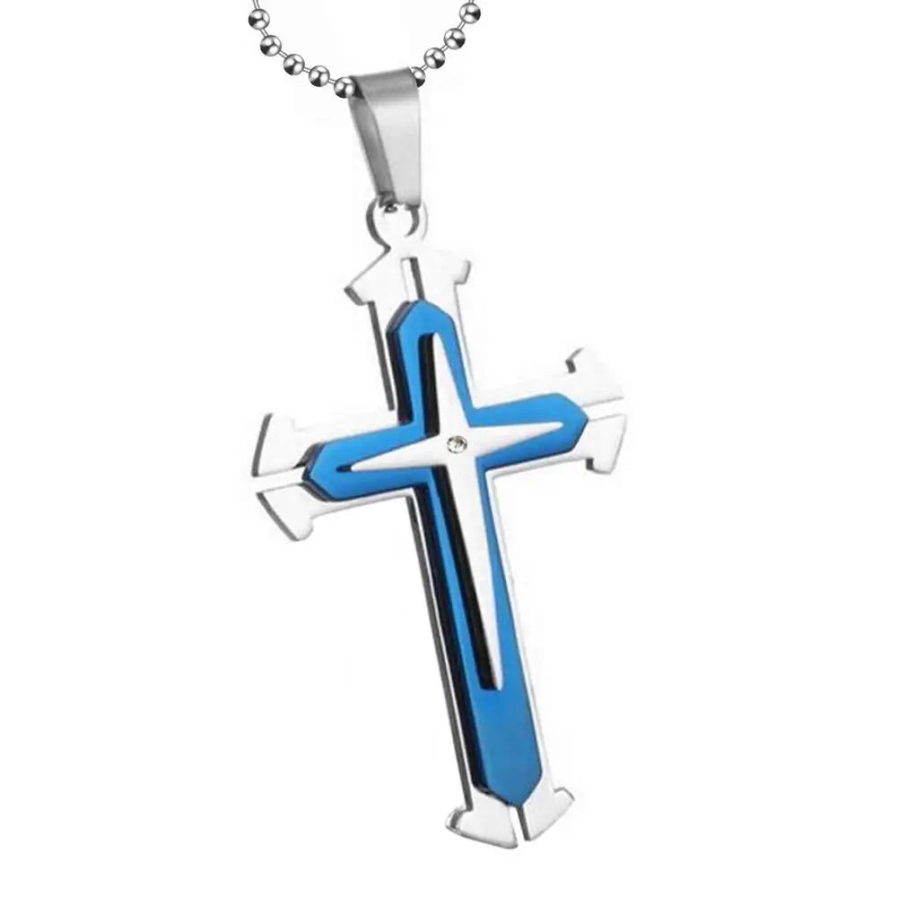 Vintage Crosses Pendant Necklace With Bead Chain Jewelry Necklace Blue Fashion Patterned Men Accessories Alloy Cross