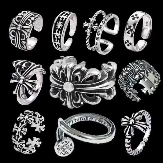 ヴィンテージクロスアイリスハート型925シルバーリング メンズ レディース トレンディファッション パンクジュエリー 開口部サイズ調節可能 ゴシックリング