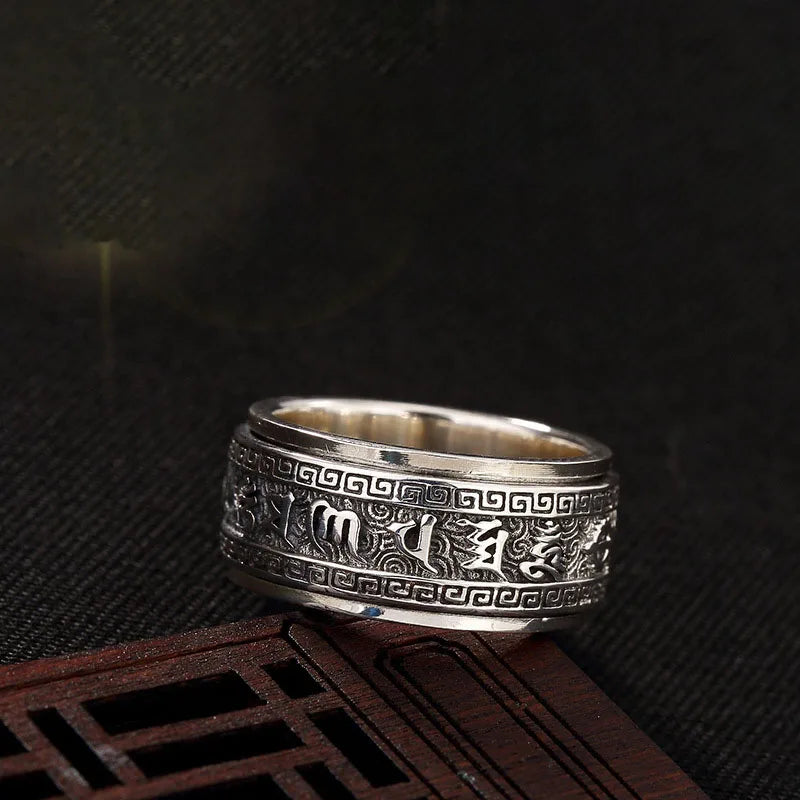 シルバー925リング、男女兼用、回転式、トレンディ、6文字のマントラ、レトロリング、絶妙なレリーフジュエリーギフト