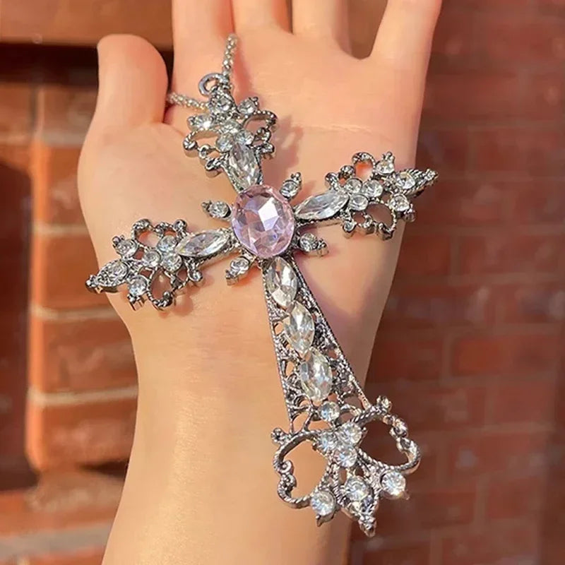 ゴシック ビッグジルコン クロスネックレス ユニセックス Y2K 不規則 ゴス ラージクロスペンダントネックレス メンズ レディース カップルネックレス ジュエリー