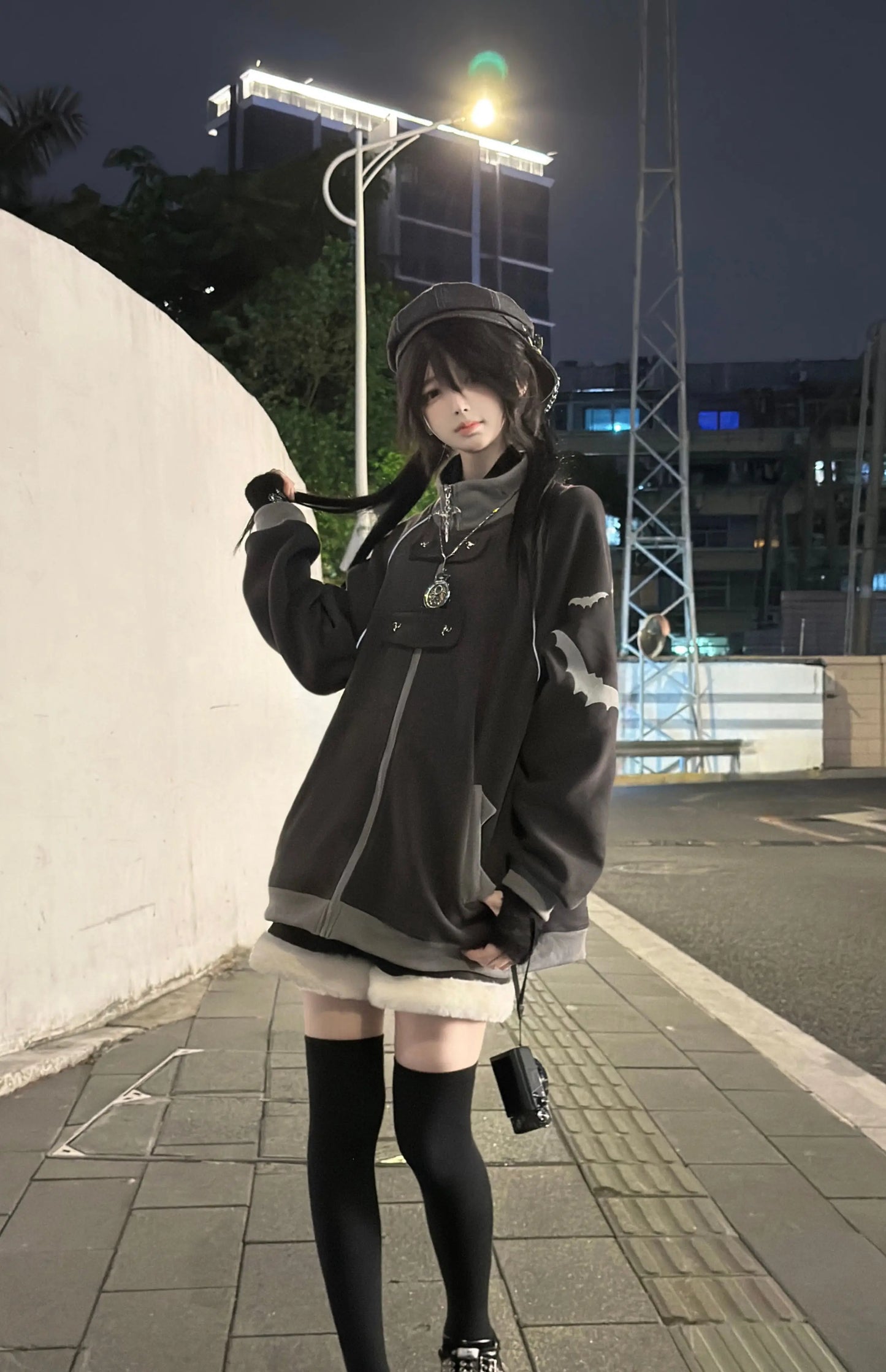 ファッションベルベットスタンドカラーサブカルチャー猫耳フード付きスウェットシャツジャケットオリジナルゴシック長袖ゆったり暖かいエレガントコート