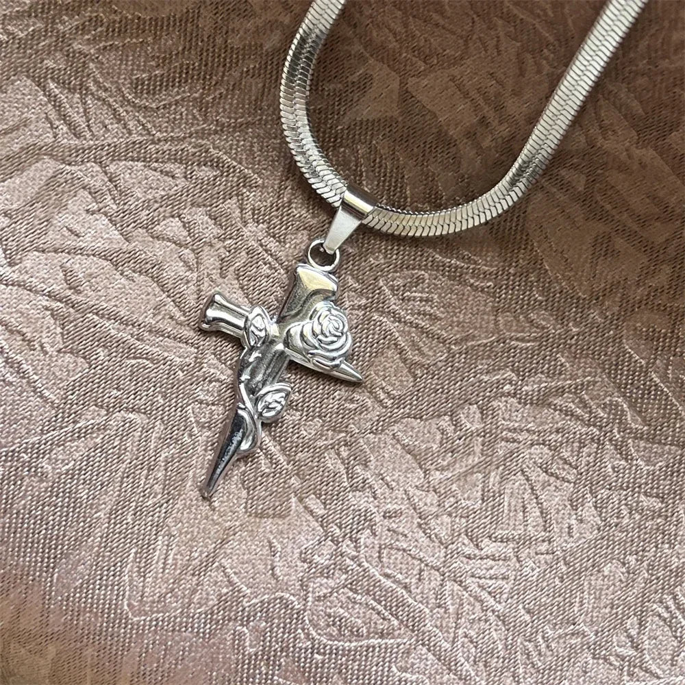 キリスト教イエス十字架ネックレス レディース メンズ ステンレススチールチェーン チョーカー 宗教的十字架ペンダント ジュエリー 祈り 洗礼ギフト