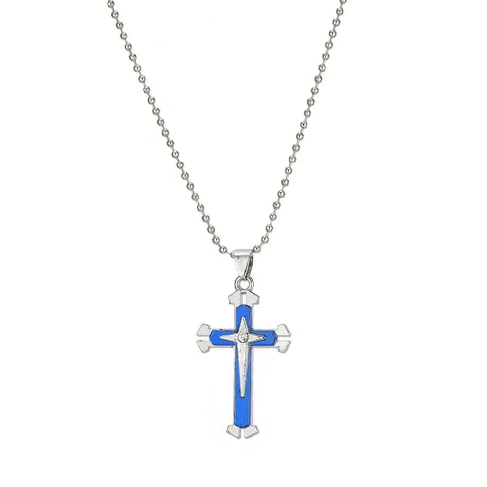 Vintage Crosses Pendant Necklace With Bead Chain Jewelry Necklace Blue Fashion Patterned Men Accessories Alloy Cross
