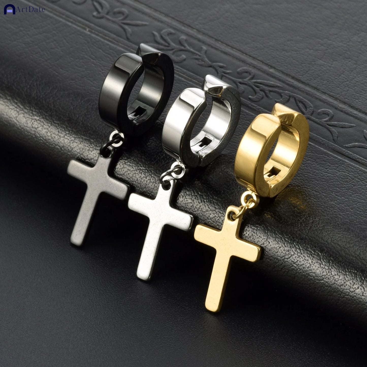 2個入り ステンレススチール メンズ クロス スター パンク ダングルイヤリング ゴシック レディース クロス イヤーフープイヤリング ハギーズ ペンダント ピアスジュエリー
