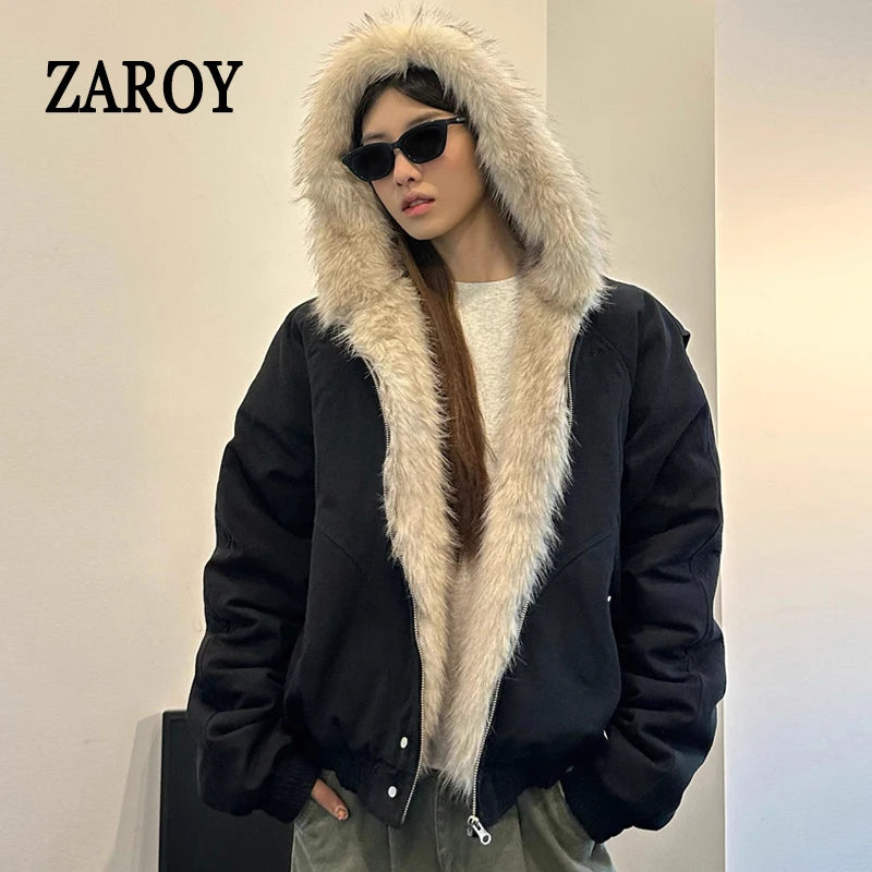 ZAROY レディース&amp;メンズ 冬用ジャケット Y2K ストリートウェア ファーカラー フード付き カジュアル ルーズコート 暖かい 原宿系 パーカー ゴシック パーカー куртк