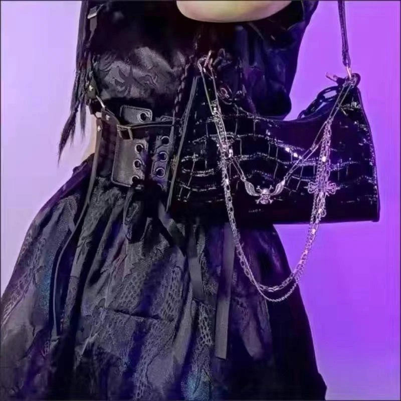 クロコダイル柄ハンドバッグ Y2K クロススカル ショルダーバッグ ホットガールチェーン サマーサブカルチャー ダークパンク アンダーアームバッグ