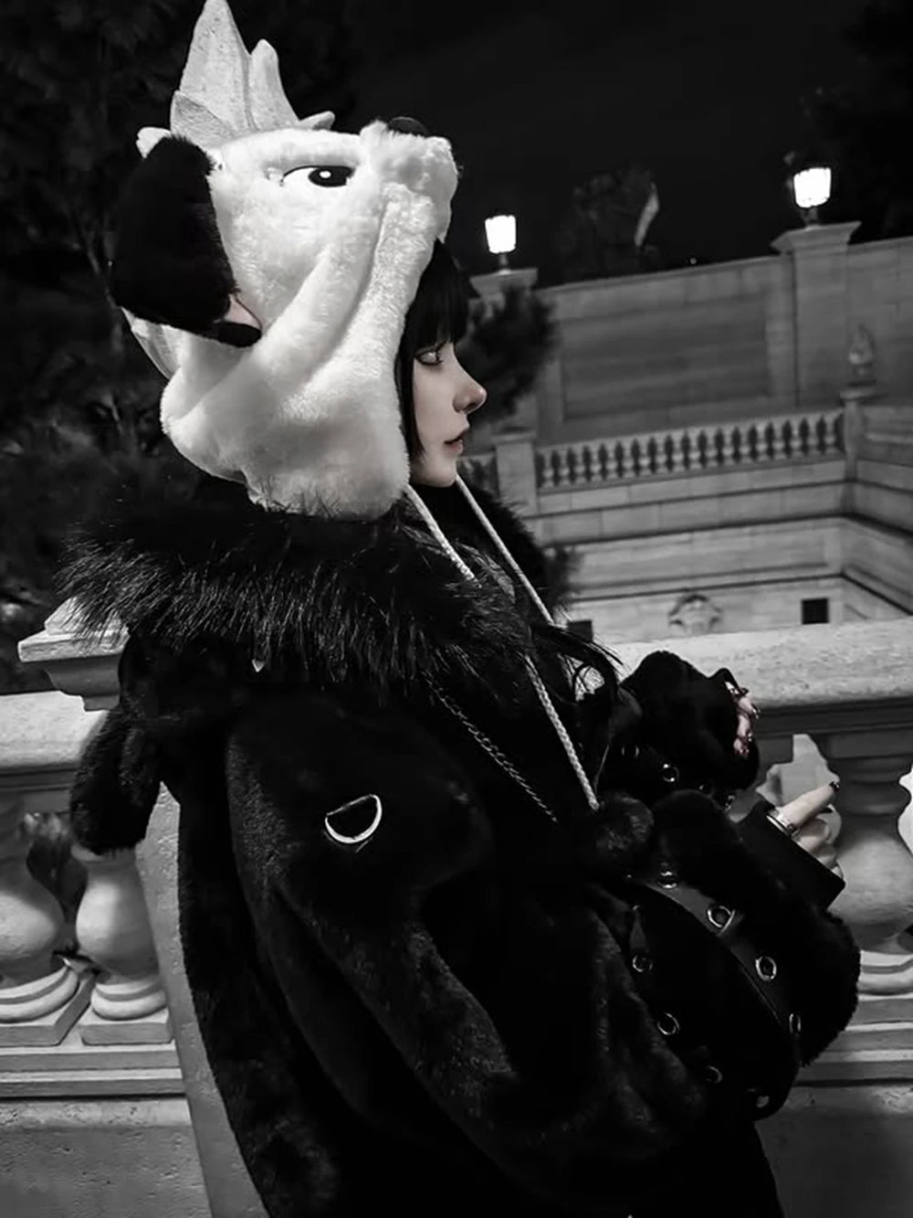 日本製マインシリーズ リベットクロス シープイヤー フード付きジャケット 冬物 新作 ゴスパンク ダークガールズ イミテーションファー プラッシュコート レディース