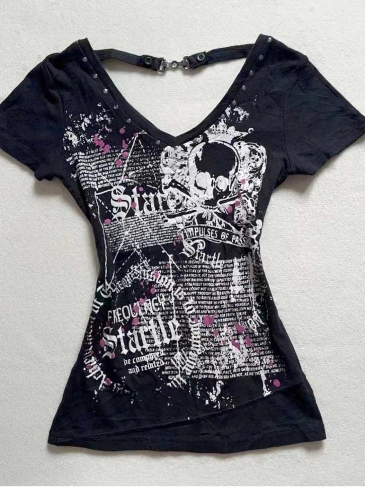 2000年代ヴィンテージY2Kクロップトップレディース半袖スリムプリントTシャツサブカルチャー原宿系ファッション韓国パンクゴシックTシャツアウターウェア