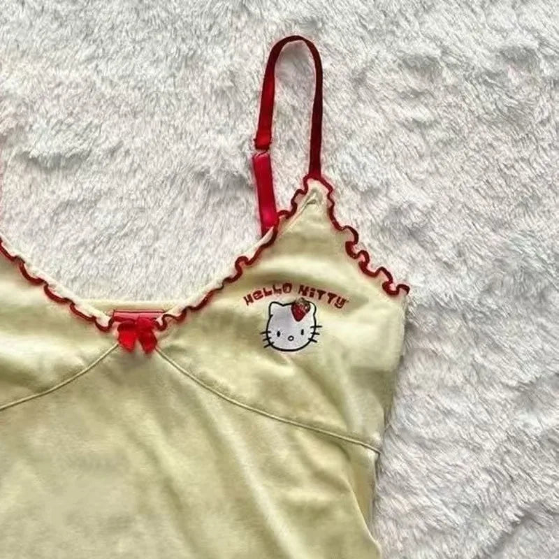 Y2K セクシーキャミソール 日本のサブカルチャー かわいい漫画子猫プリントタンクトップ ドーパミン フリルデザイン ホルターベスト スイートショートトップ