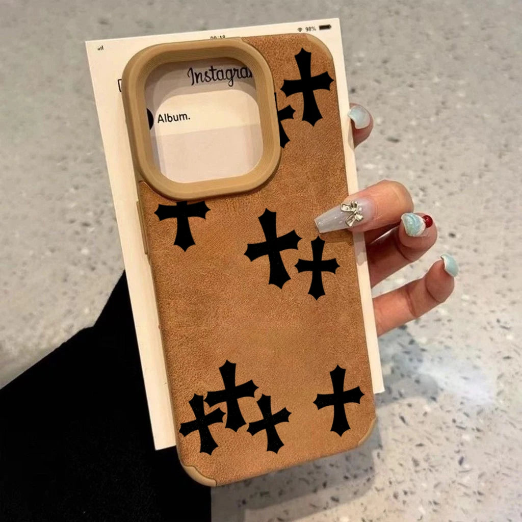 ブラッククロスノーブルイミテーションフェイクレザー携帯ケース iPhone 17 16 15 14 13 12 11 Pro Max XS XR 16 Plus 17Air 耐衝撃カバー