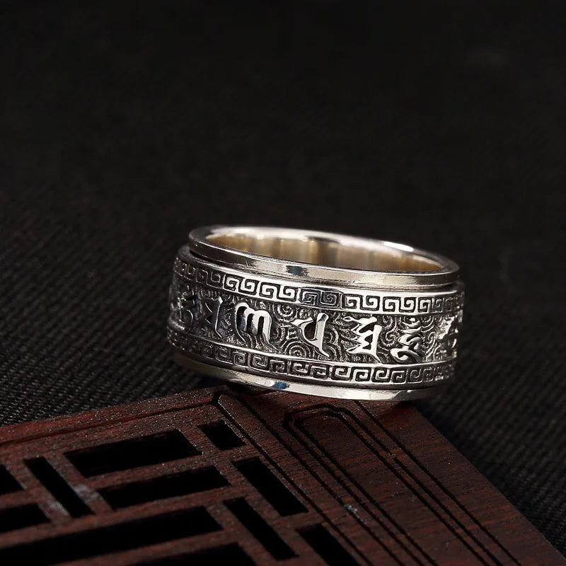 シルバー925リング、男女兼用、回転式、トレンディ、6文字のマントラ、レトロリング、絶妙なレリーフジュエリーギフト