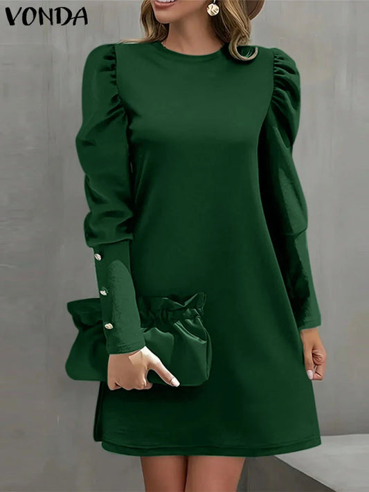 VONDA Elegant A-Line Mini Dress Casual Loose Solid Color Sundress 2025 Round Neck Long Lantern Sleeve Vestidos Robe Oversized