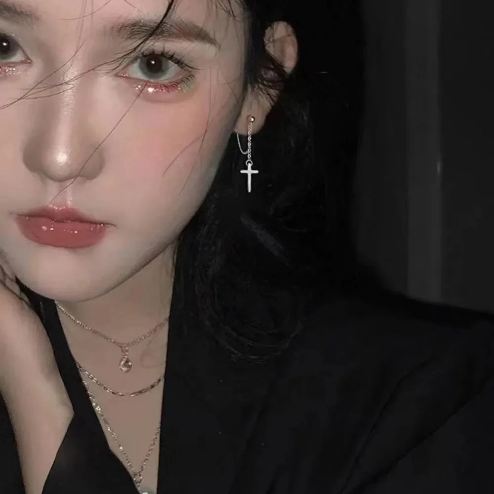 Punk Silver Cross Drop Earrings for Women Men Gothic Hip Hop Long Tassel Hanging Earring Jewelry Gift