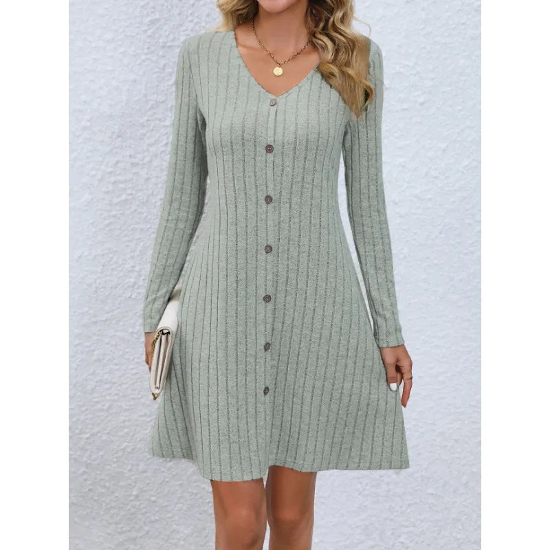 Women's Spring and Autumn Knee Length Skirt Fashion V-neck Waist Long Sleeve Dress