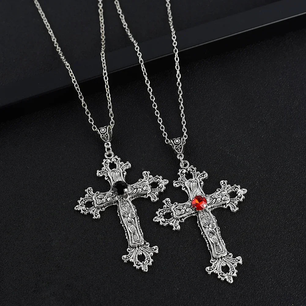 Y2K パンク クリスタル ビッグクロス ペンダントネックレス レディース メンズ ゴシック イレギュラークロス 鎖骨チェーンネックレス 美的ジュエリー
