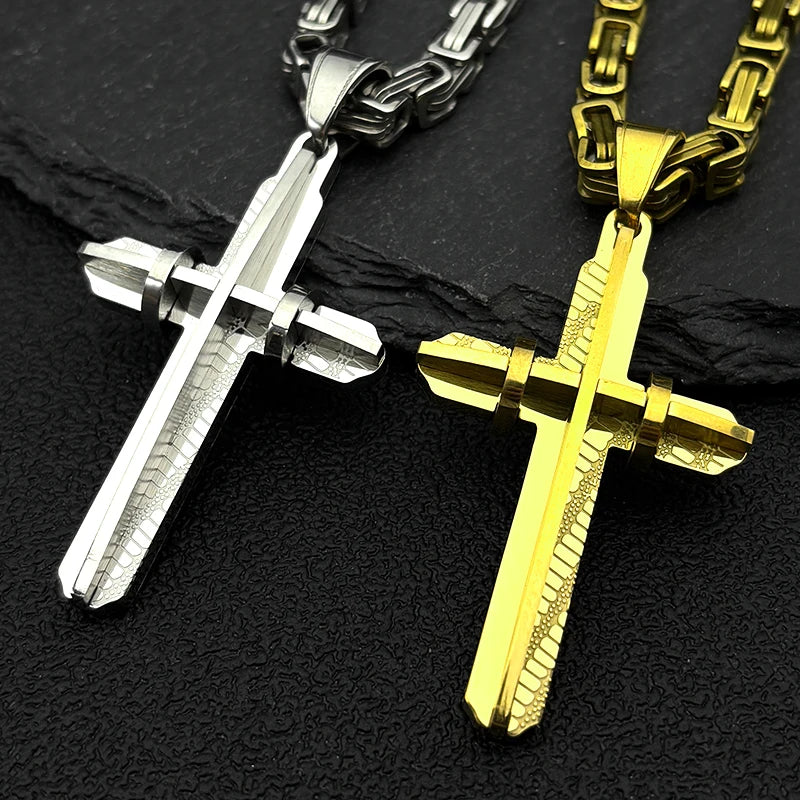 イエス・キリストの十字架 男性用十字架 ヒップホップネックレス ステンレススチール 金メッキ クリスチャンパンク ビザンチンチェーン ジュエリー ギフト