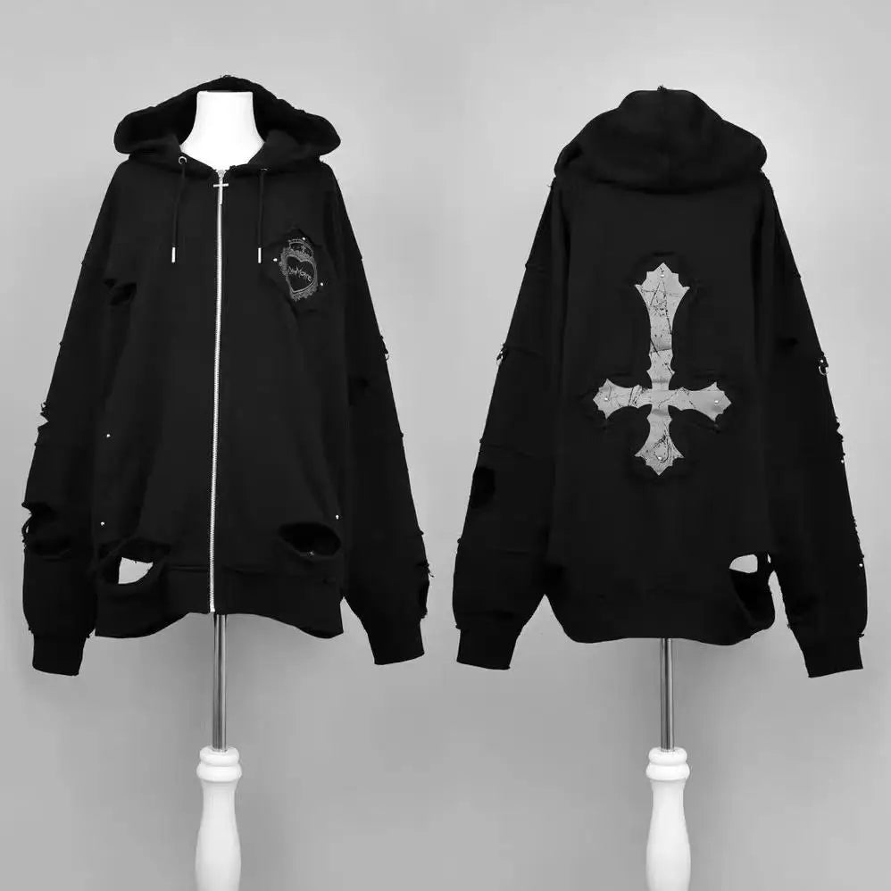 日本製 マインクロス リップド レトロ サブカルチャー フード付き スウェットシャツ カーディガン ジャケット レディース ゴス パンク ジッパー パーカー コート アウター