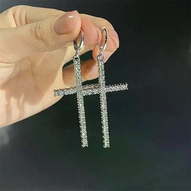 ファッションジルコンクリスタルクロスイヤリング レディース メンズ ゴシック パンク ヒップホップ イエス十字架ダングルイヤリング クリスチャンパーティージュエリー