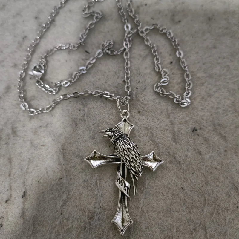 Buyee 925スターリングシルバー男性用ビッグペンダントチェーンユニークパンクゴシッククロスクロウネックレスメンズファッションファインジュエリーチェーン