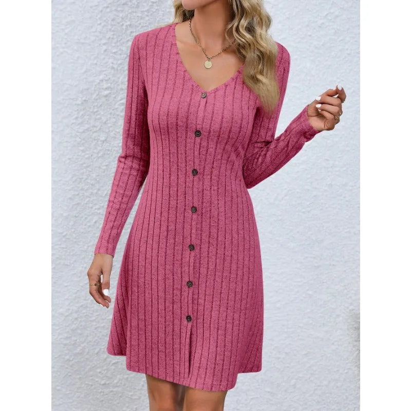 Women's Spring and Autumn Knee Length Skirt Fashion V-neck Waist Long Sleeve Dress